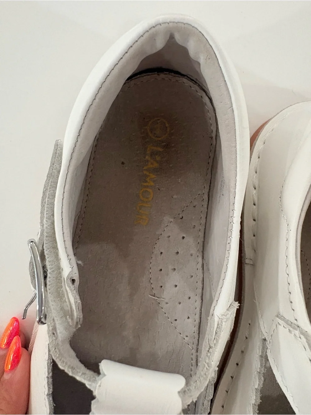L'Amour White Scalloped T-Strap Kids Dress Shoes